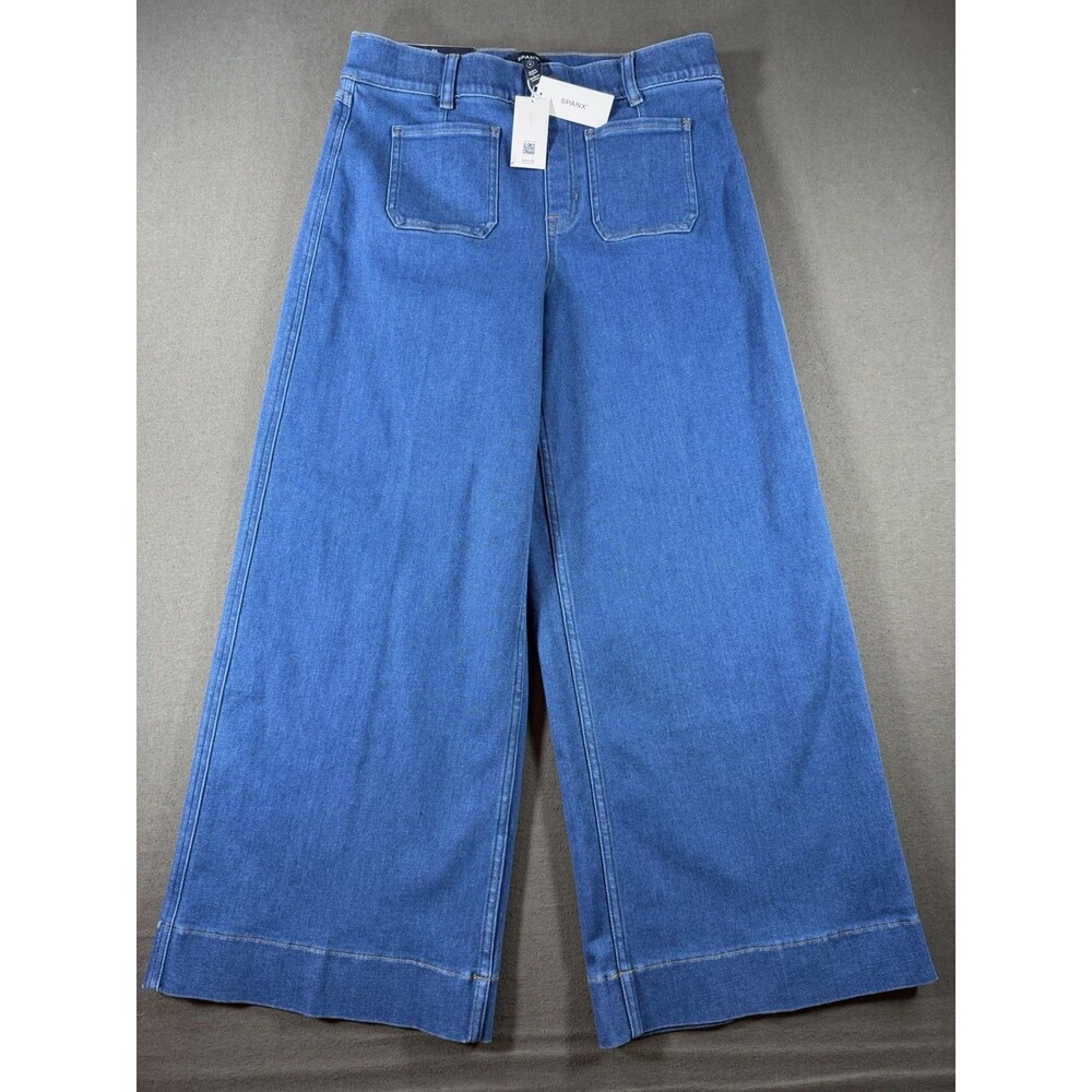 Spanx Wide Leg Jeans Women's Sz Large Blue Denim Everywear Cropped Wash Pull On - Picture 1 of 12